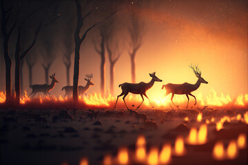 Deer couple running through burning forest, made by AI, artificial intelligence