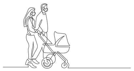 continuous line drawing young family walking with baby stroller wearing face mask - PNG image with transparent background