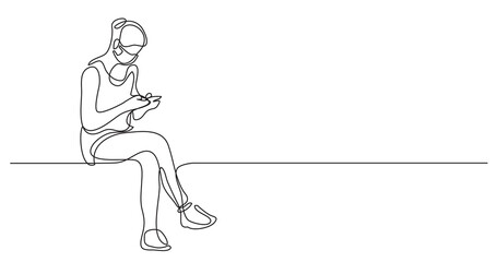 continuous line drawing young woman sitting and reading her cell phone wearing face mask - PNG image with transparent background