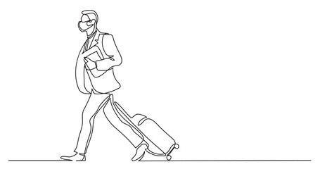 single line drawing businessman walking with laggage wearing face mask - PNG image with transparent background