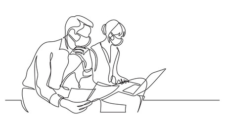 two coworkers working on documents with laptop computer wearing face mask - PNG image with transparent background