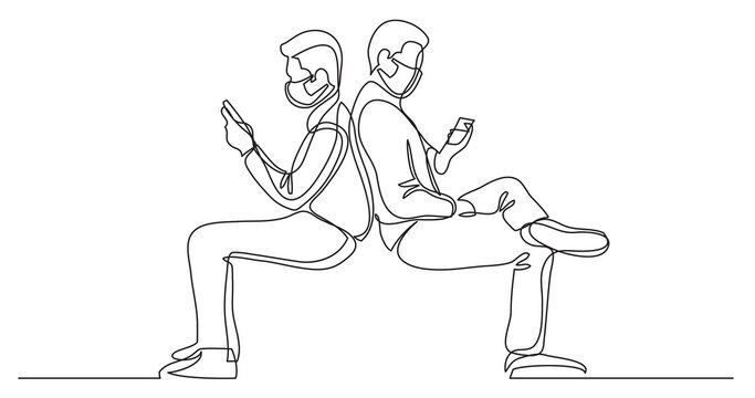 single line drawing young men browising cell phones wearing face mask - PNG image with transparent background