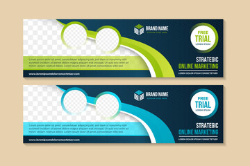 strategy online marketing horizontal webpage banner design template. combination of green and blue gradient colors. space photo collage. transparency dot circle halftone pattern. abstract modern style - obrazy, fototapety, plakaty