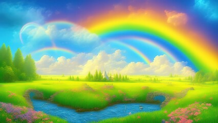 Fototapeta na wymiar Magical rainbow in fairy tale forest as fantasy.