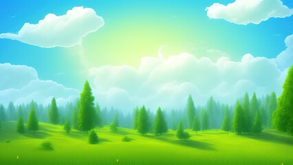 Obraz na płótnie Canvas Cartoon meadow landscape. Summer green fields view spring lawn hill and blue sky.