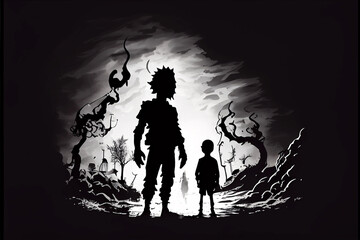 Symbolic image of a shadow monster and a child. AI generated image