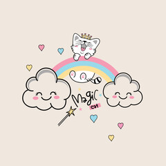 cute cat vector illustration with beautiful cloud and rainbow