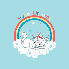 Cartoon cute unicorn cat sleeping on rainbow cloud
