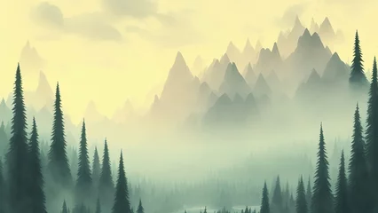 Foto auf Acrylglas Wald im Nebel Watercolor group of trees - fir, pine, cedar, fir-tree. green forest, landscape, forest landscape.