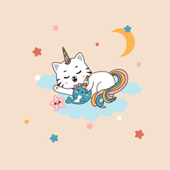 Cute cat character with unicorn horn isolated.