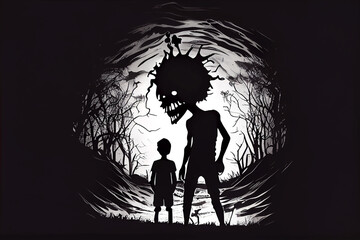 Symbolic image of a shadow monster and a child. AI generated image