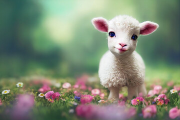 Fototapeta premium cute white baby lamb on flower field. Generative AE. 