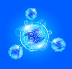 Vitamin B2 and bubble atom molecule collagen serum chemical formula shield protection skin. Skincare anti age nutrition supplement multivitamin complex. On blue background. 3D vector.