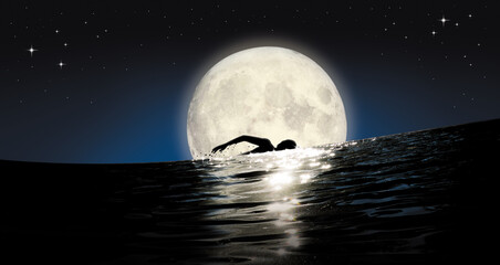 Alone survive swimming shadow in slope dark night sea water for keep going and move on with big moon and sky after ship capsized, credit the Moon by NASA