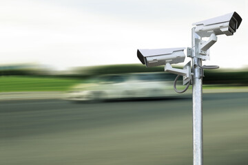 CCTV traffic speed camera for dection of fast drive car record and measurement on highway road, that over than must stipulation be penalty payment to police - obrazy, fototapety, plakaty