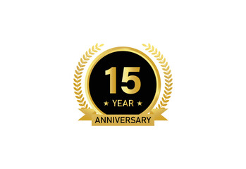 15 year anniversary celebration. Anniversary logo with ring and elegant golden color isolated on white background, vector design for celebration.