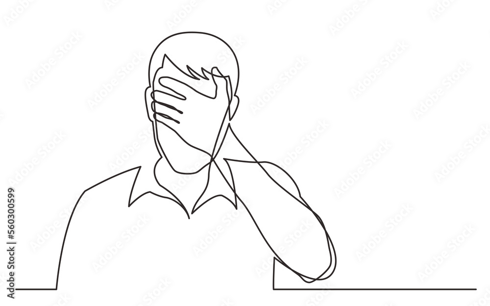 Wall mural continuous line drawing man hiding his face in despair - png image with transparent background
