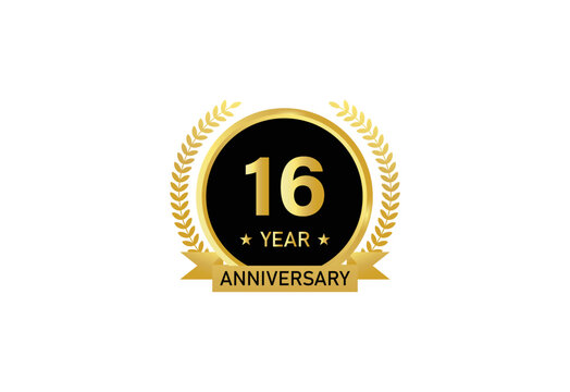 16 year anniversary celebration. Anniversary logo with ring and elegant golden color isolated on white background, vector design for celebration.