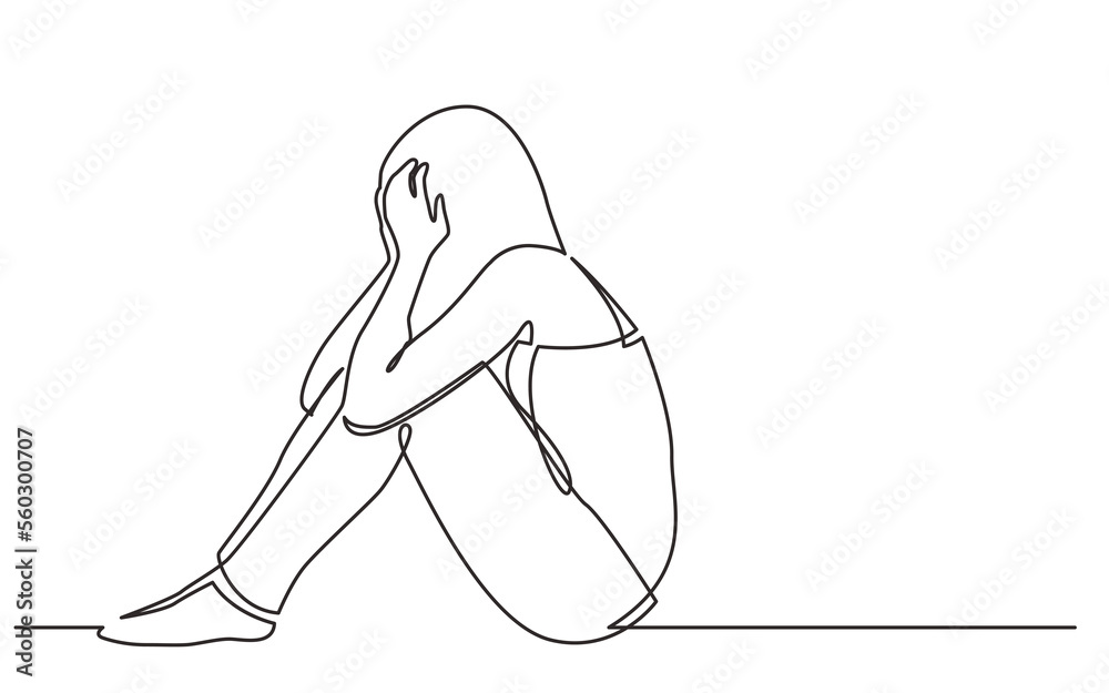 Canvas Prints continuous line drawing woman sitting on floor in despair - png image with transparent background