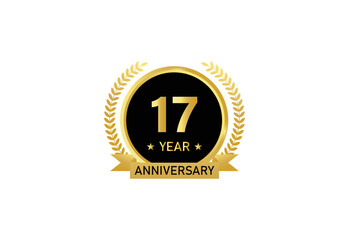 17 year anniversary celebration. Anniversary logo with ring and elegant golden color isolated on white background, vector design for celebration.