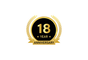 18 year anniversary celebration. Anniversary logo with ring and elegant golden color isolated on white background, vector design for celebration.