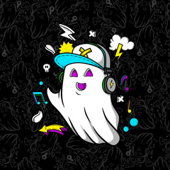 Ghost Design Using Headphones with a Blend of Hip Hop and Cool Background.Designs Concept for T-shirts, Tattoos, Stickers, Gaming Logos or Posters.