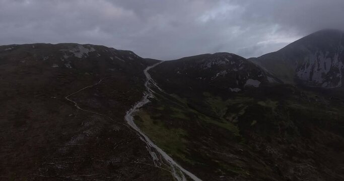 Aerial view following the path to the mountain Croagh Patrick.
Westport, Co. Mayo, West of Ireland.