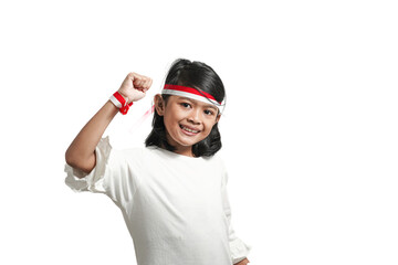 Smiling happy asian girl with indonesian independence concept, holding victory hand gesture. Isolated by white background.