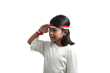 Asian girl child indonesian independence concept, giving salute patriotism. Isolated by white background.