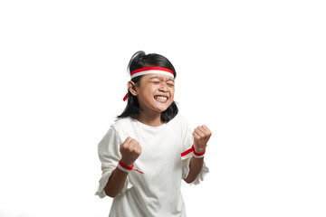 Smiling happy asian girl with indonesian independence concept, holding victory hand gesture. Isolated by white background.