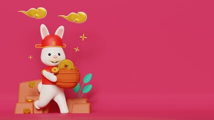 Chinese new year 2023 background with a rabbit carrying a pile of coins