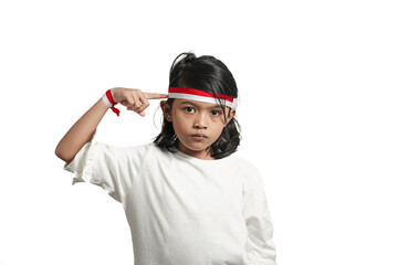 Asian girl child indonesia independence concept, gesture looking for idea. Isolated by white background.