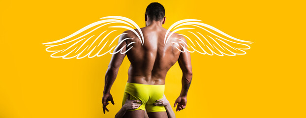 Photo banner of sexy man with wings for valentines day. Man in underwear. Naked muscular man angel.