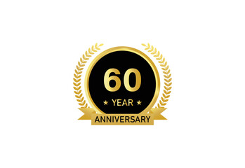 60 year anniversary celebration. Anniversary logo with ring and elegant golden color isolated on white background, vector design for celebration.