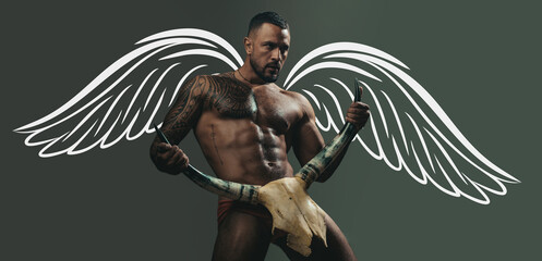 Naked muscular angel. Photo banner of sexy man with wings for valentines day. Sexy man with erotic...