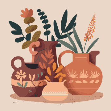 ceramic vases with plants, earthy tones clip art preview