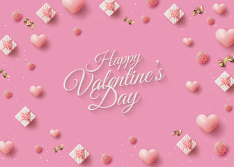 Fototapeta na wymiar Valentine's day greeting with illustration of gift box and soft pink love balloons. Premium vector design for banners, posters and flyers.