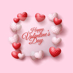 Unique greeting for Valentine's Day with illustrations of love balloons and transparent square glass. Premium vector design.