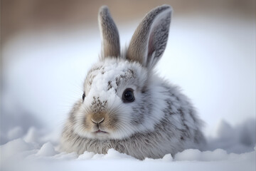 Cute white rabbit in the snow. Photorealistic illustration. AI Generated