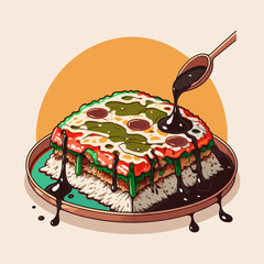 Japanese Food Okonomiyaki rice. tasty authentic traditional asian dishes