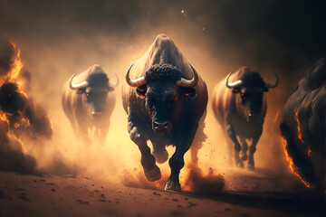 Fototapeta na wymiar Buffalo herd running away from fire global warming, made by AI, artificial intelligence