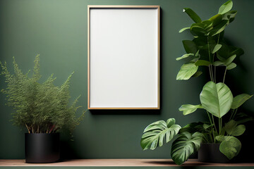 Vertical wooden frame mockup hanging on the sideboard in green wall interior decorated with plant green leaf, brass lamp, and plant in a vase. 3d illustration
