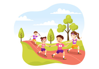 Obraz na płótnie Canvas Relay Race Illustration Kids by Passing the Baton to Teammates Until Reaching the Finish Line in a Sports Championship Cartoon Hand Drawing Template