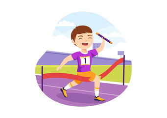 Relay Race Illustration Kids by Passing the Baton to Teammates Until Reaching the Finish Line in a Sports Championship Cartoon Hand Drawing Template