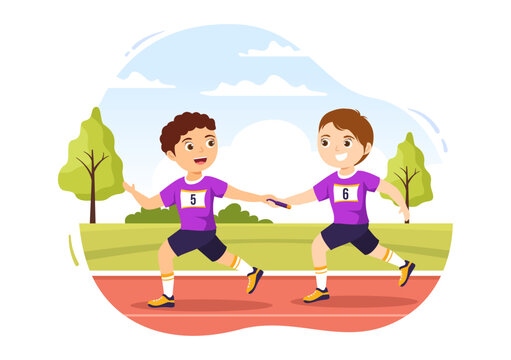 Relay Race Illustration Kids By Passing The Baton To Teammates Until Reaching The Finish Line In A Sports Championship Cartoon Hand Drawing Template