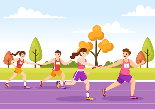 Relay Race Illustration By Passing The Baton To Teammates Until Reaching The Finish Line In A Sports Championship Flat Cartoon Hand Drawing Template