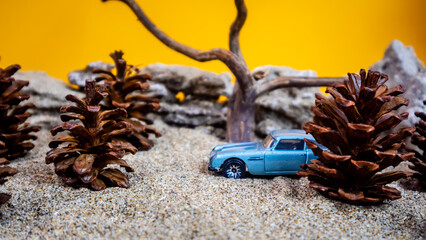 Minahasa, Indonesia : saturday, December 2022, a toy car among the pinecones
