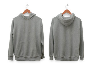 Blank sweatshirt mock up, front, and back view, isolated on white. Plain gray hoodie mockup. Hoody...