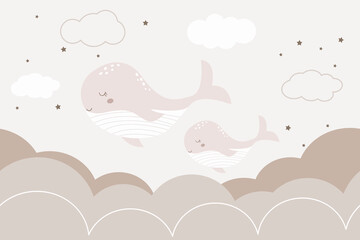 Hand drawn seamless background of clouds and waves. Sleeping cartoon cute mom whale and baby. Kids design in pastel colors. Wall art of the nursery. Pink pallette.
