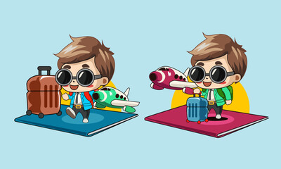 tourist character with passport, baggage and airplane for making advertising media. vector illustrator 
